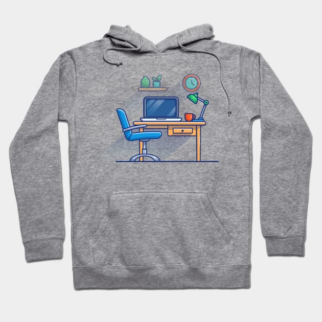 Work Bench, Desk, Laptop, Lamp, Plant, Cup, Clock And Floating Shelves Cartoon Hoodie by Catalyst Labs